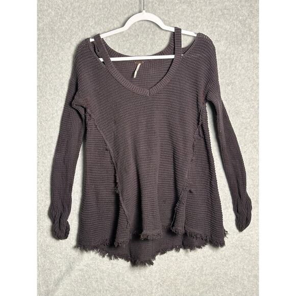 Free People Medium Moonshine Cold Shoulder Raw‎ Hem Swing Sweater Waffle Thermal - Picture 8 of 8
